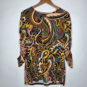 Susan Graver Womens Liquid Knit Paisley Tunic Top Size M Colorful Ruched Sleeves